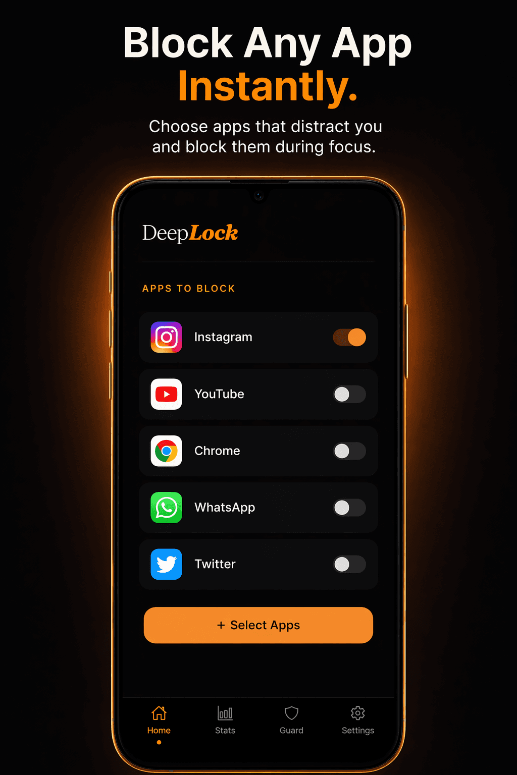 DeepLock screenshot showing instant app blocking on Android.