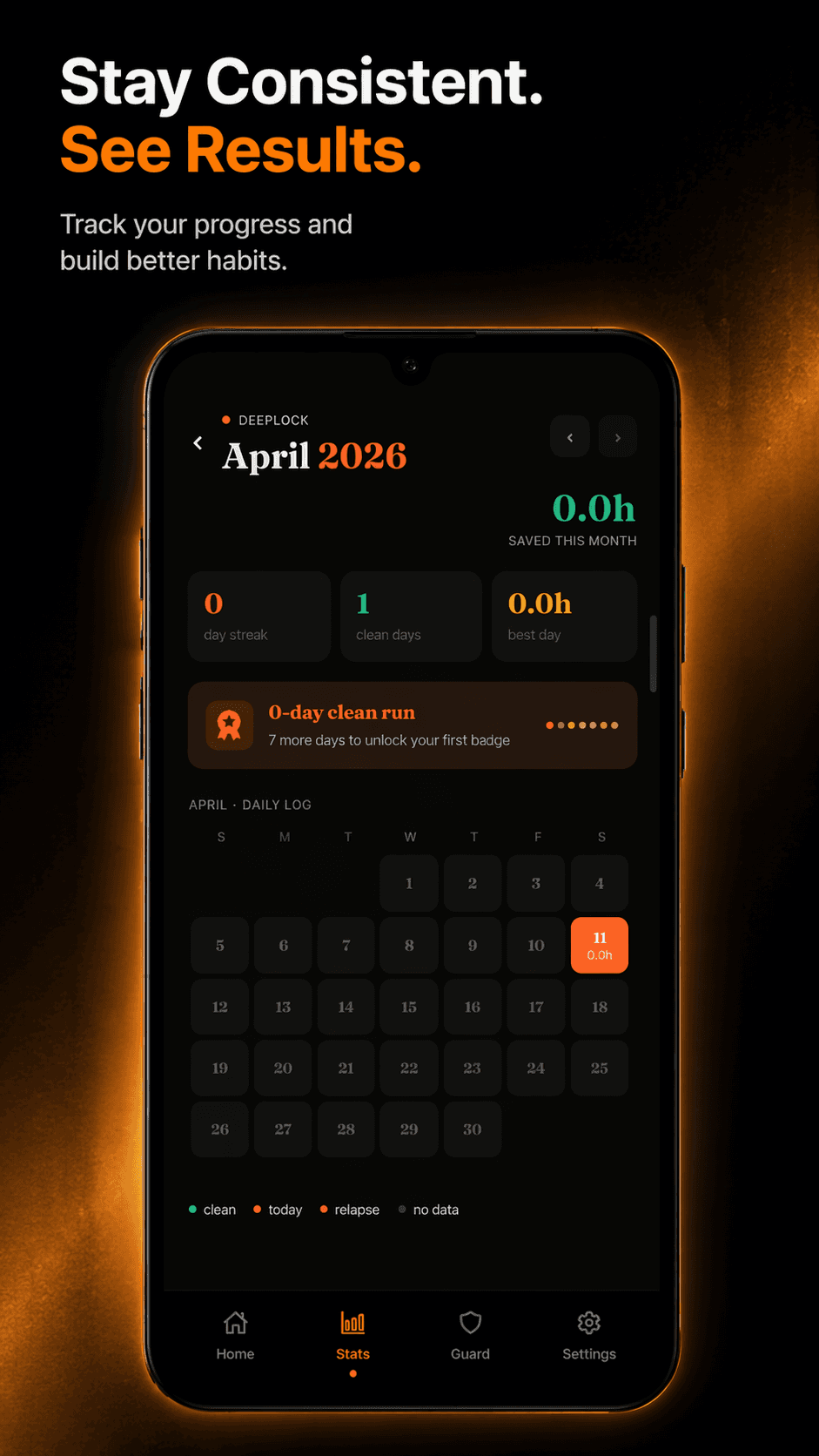 DeepLock screenshot showing progress and habit tracking.