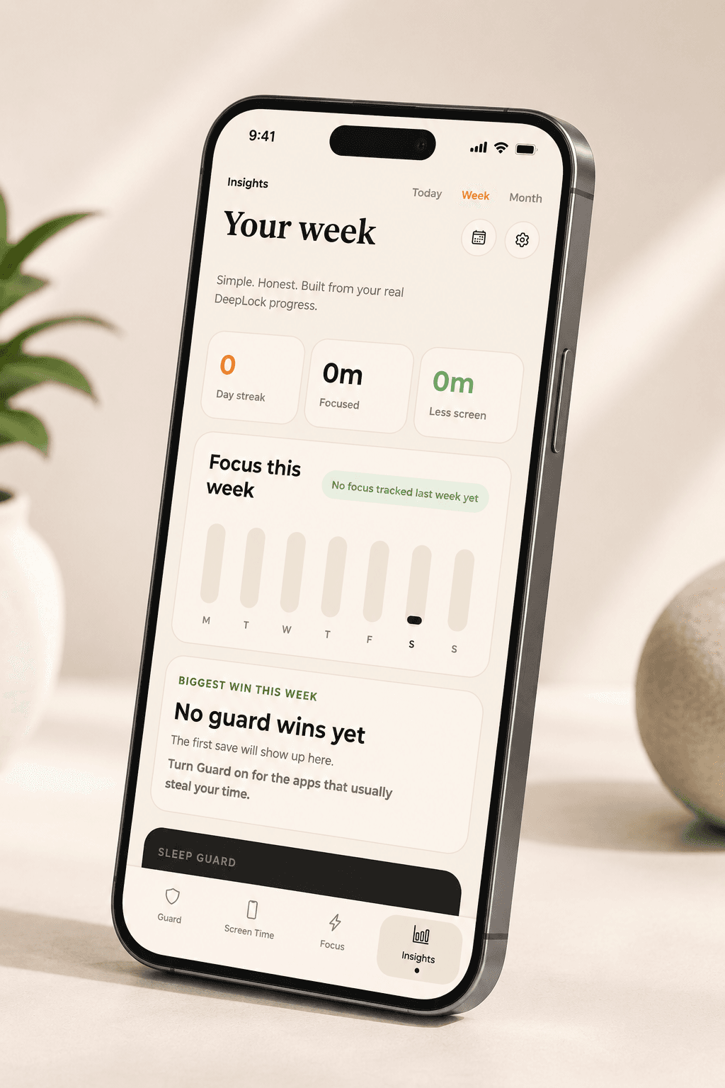 DeepLock weekly insights screen showing focus and less screen time metrics.
